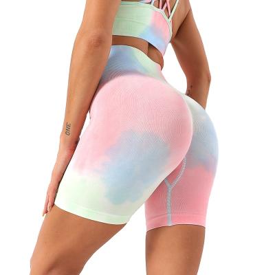 China Seamless QUICK DRY women softly not see through waist tie dye compression high booty crack! crack! back to camouflage sports yoga biker shorts for sale