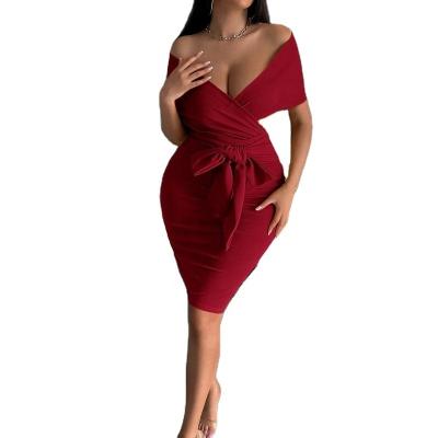 China 2022 anti-static hot ladies dress low neck solid color mature style summer mid length skirt belted pleated ladies dress suitable for prom for sale