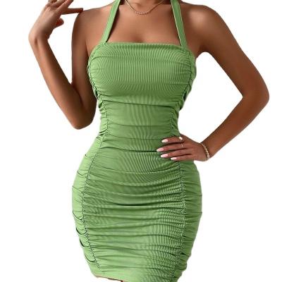 China Factory Wholesale Anti-Static Ladies Summer Dress Solid Color Green Halter Dress Knitted Pleated Mini Skinny Skirt For Night Club for sale