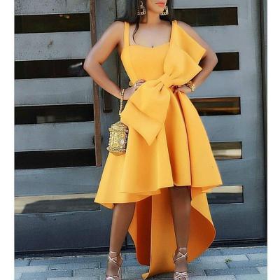 China Anti-Static Women's Irregular Yellow Occasion Dresses Flare Pleated Party With Bow Tie Celebrate Dated Ladies Night Out Dinner Event Dresses for sale