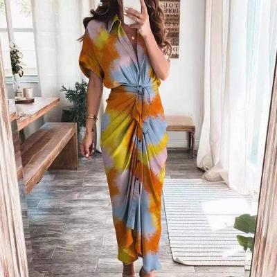 China Women Summer Anti-Static Stylish Button Ruched Bandage Shirt Dress Short Sleeve Solid V Neck Beach Maxi Casual Dresses for sale