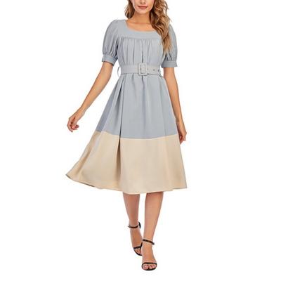 China Summer Anti-Static Casual Square Collar Fashion OEM Puff Sleeve Office Lady Dress Patchwork Ruffled Women Short Midi Dresses With Belt for sale