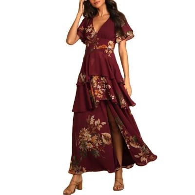 China 2022 Summer New Anti-static Floral Dress Short Sleeve Burgundy Sexy Sweet Vintage Pleated Long Skirt Side Slit Beach Party for sale