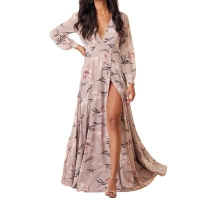 China Long Sleeve Front Slit Design Party Dress Fashion Ladies Summer Floral Print Factory Dress Light Anti-static Mulberry Elegant Long Sleeve Chiffon Long Dress for sale