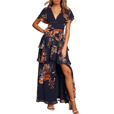 China Retro long pleated skirt 2022 summers new black floral sleeve dress sweet sexy short anti-static V-neck with side slit beach part for sale