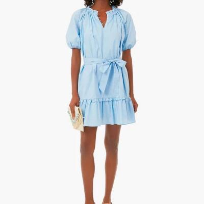 China New anti-static cotton summer shirt dress long beach even blue oversized women's retro solid color party dress short skirt loosely for sale