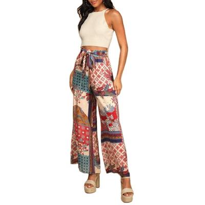 China Anti-wrinkle Factory Direct Sales Summer Floral Print Women Casual Pants Slim Zipper Side Fold Ankle Female Loose Pants With Sashes for sale