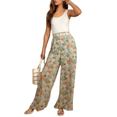 China Anti-Wrinkle Fashion Canvas Women Pants Oversized Work Long Leg Pantalones Summer Breeches Vintage Wide Leg Casual Loose Print Pants for sale