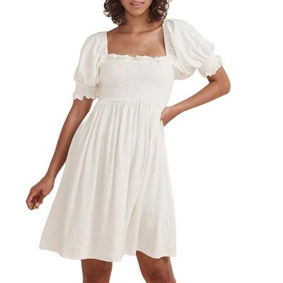 China Summer anti-static ladies dress square neck puff sleeve women mini a line pure white clothing short skirt elegant women for sale