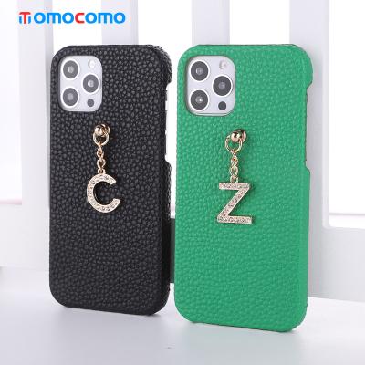 China Anti-fall DIY Name Letters Full Grain Pebble Leather Phone Case With Strap For iPhone 13 for sale