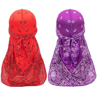 China Red Silk Wide Bandana Sleep Knot Cashew Flower Style Durags Long Tail Straps Du-rag Headwraps Multifunction Wide Dress And Hat for sale