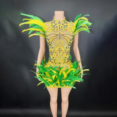 China GZROSE Anti-wrinkle fashion shiny rhinestone feather dress costume adult Halloween performance costume carnival outfit green page Y2691 2023 for sale