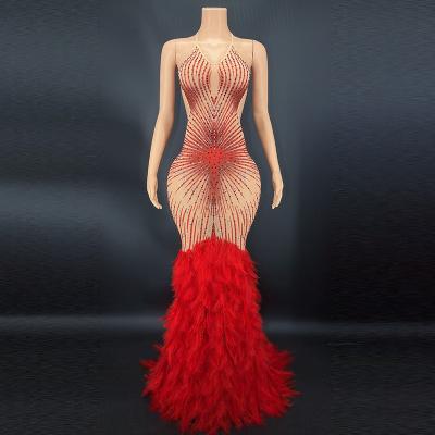 China 2023 New Arrival Women's Sinny Diamond Colorful Feather Plus Size Viable Sexy Clothing Women's Gzrose Luxury Latin Dance Baju for sale