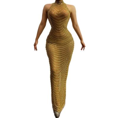 China Gzrose Women's Clothing 2023 Elegant Gold Evening Dress Crystal Mesh Dress High Neck Sleeveless Gala Party Dress For Women Anti-wrinkle Y1751 for sale