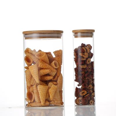 China Cheap factory price cookie kitchen jars bamboo lid storage glass jar with glass lid for sale