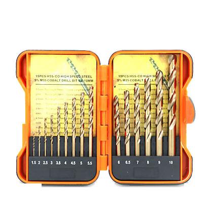 China For Stainless Steel And Hard Metal Drilling 15pcs DIN 338 Titanium Plating Cobalt Hss Drill Bits Set For Metal Cutting for sale