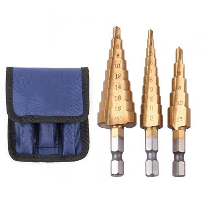 China 3 piece cobalt titanium leg hexagon hss drill coated 3-12mm 4-12mm 4-20mm pagoda step drill bit set for sale