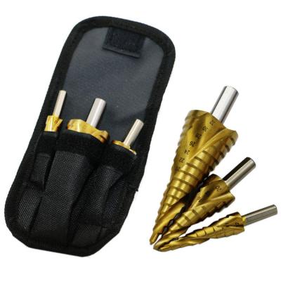 China 3 Piece Cobalt Titanium Spiral Shank Spiral Shank Hss Drill Coated 4-12mm 4-20mm 4-32mm Pagoda Step Drill Bit Set for sale