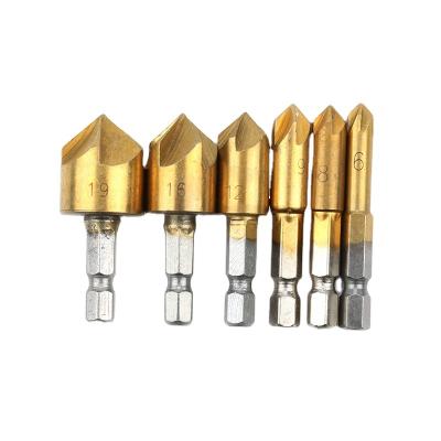 China 6Pcs 5Flute Drilling 90 Degree Titanium Cutter HSS Countersink Chamfering Wood Drill Bit for sale