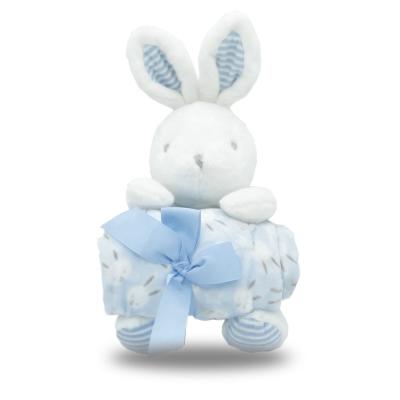 China Cute Fun Customized Cute White And Blue Soft Flannel Blanket With Stuffed Rabbit Toy For Kids for sale