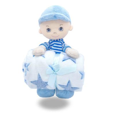 China Custom high quality cute fun white and blue throw blanket with cute plush sound doll for baby for sale