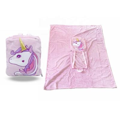 China Cute Fun Customized Kids High Quality Two In One Backpack And Fleece Blanket With Loose Unicorn for sale