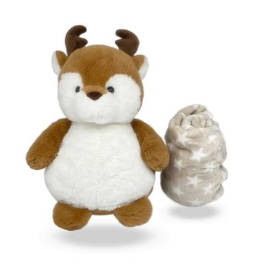 China Cute Fun Customized Cute Two In One Set Soft Brown Color Plush Stuffed Reindeer Toy With Blanket Interior for sale