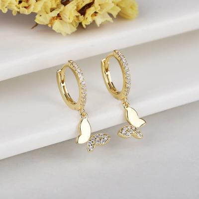 China TRENDY Custom Delicate Fashionable Personalize Zirconia Wedding Jewelry 18k Gold Plated 925 Sterling Silver Diamond Butterfly Drop Earrings for sale