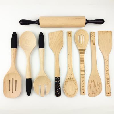 China Eco-Friendly Customized Sustainable Kitchen Tools Reusable Natural Wooden Spoon Shovel Rolling Spatula Pin Whisk Cooking Utensils Set for sale