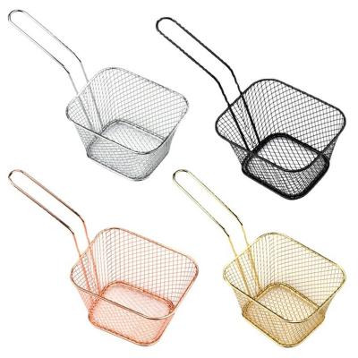 China Sustainable Square Four Color Stainless Steel French Fries Basket Mesh Sieve Chicken Nuggets Snack Basket for sale