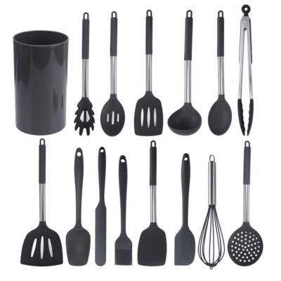 China Hot Viable Wholesale Amazon Home Kitchen Tools Silicone Utensil Set With Stainless Steel Handle for sale