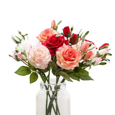 China Real Plant MHJ48 Realistic Wedding Touch 3 Heads Flower Bud Latex Artificial Roses Flower Decoration for sale