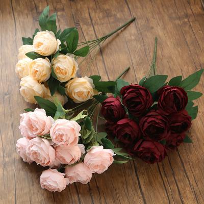 China MHJ 173 Wedding Decor 10 Heads Burgundy Peony Bunch Realistic Hot Sale Artificial Roses Bouquet Bouquet Flower for sale