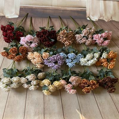 China MHJ214 Artificial Flower Lifelike Dark Red Roses Ties Peony Artificial Flowers Silk Brown Rose Bouquet for sale