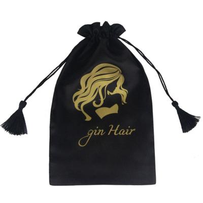 China Wholesale Tassel Design Your Logo Packing Vendor Satin Hair Bag With Tassel For Bundles Wig Extension Closure Drawstring Custom Bag for sale