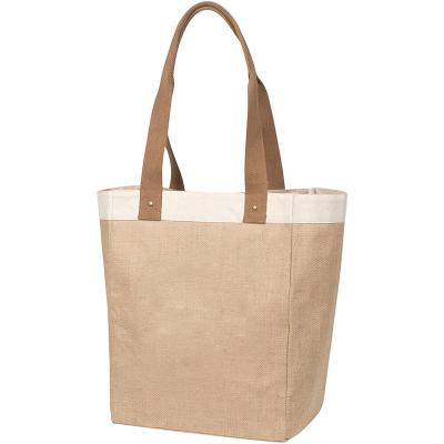 China Custom Reusable Ecobag 55% Jute 45% Cotton Canvas Tote Shopping Bag With Leather Reusable Grocery Handle for sale