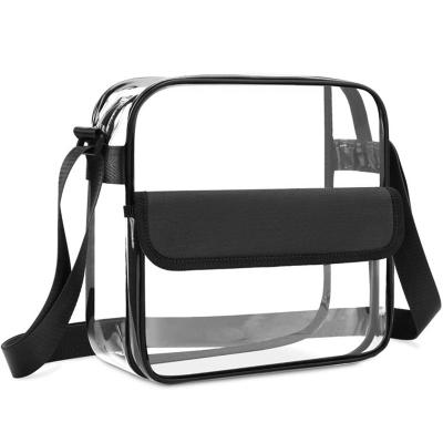 China Waterproof Clear Ziplock Cross - Body Bags Transparent PVC Travel Shoulder Bag Cosmetic Bag Purse with Front Pocket Adjustable Shoulder Strap for sale