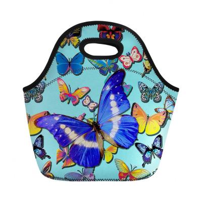 China Custom Print Butterfly Lunch Insulated Carry Storage Bag Zipper On Demand Bags for sale