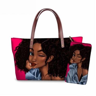 China Fashion Durable Handbags Pinch Art African Girls Printing Handbags Set Black Ladies Totes For Women Shoulder Bag for sale