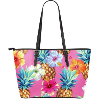 China High Quality Wholesale Pink Hibiscus Pineapple Print Tropical Hawaiian Purse Leather Purse Tote Bag Handbag Distributors for sale