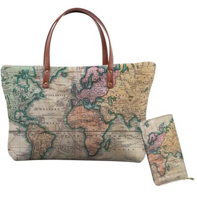 China Normcore/Minimalist Promotional Women Print World Map Vintage Handbags and Purses Set Luxury Custom Handbag Tote Bag For Lady Handbag for sale