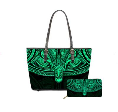 China 2021 High Quality Green Polynesian Printing Women's Handbag Luxury Handbags Bulk Large Capacity Women's Customized Stylish Leather Handbags for sale