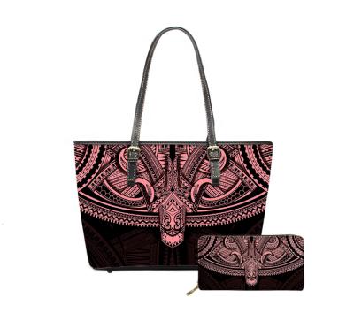 China Wholesale High Quality Designer Stylish Polynesian Print Zipper Wallet PU Handbag Set Handle and Fashion Women Handbag Lady Handbags for sale