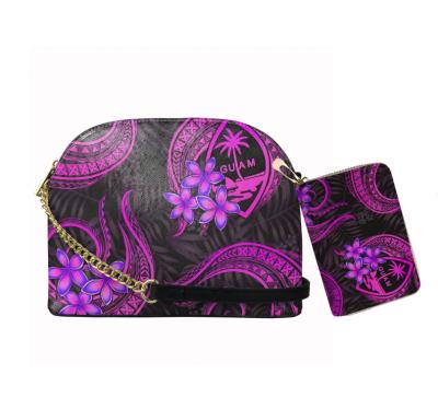 China High Quality Hibiscus Red Plumeria Tonga Tribal Polynesian Print Women 2Pcs Set Shell Crossbody Bags and Credit Card Bags 2Pcs Set PU Leather for sale