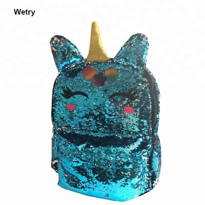 China New lovely fashion waterproof unicorn design shiny blue sequins kids backpack school bag for girls for sale