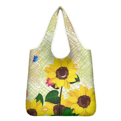 China Designer Durable Folding Sturdy Tote Bag Eash To Carry Sunflower Smile Reusable Economic Foldable Grocery Shopping Bags for sale