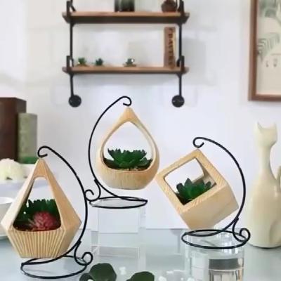 China China Hanging Plant Ceramic Mini Greenhouse With Metal Rack Holder Plant Succulent Pot for sale