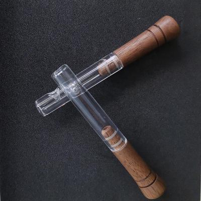 China Modern Wholesale Custom UKETA Logo Wooden Handle Smoking Pipe Chillum Glass One Knocker Pipe for sale