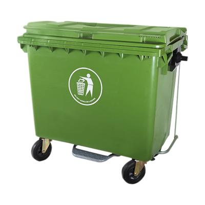 China 660L Outerdoor Sustainable Large Size Industrial Waste Bin Plastic Trash Can With Wheels And Pedal for sale