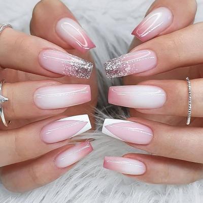 China Easy Apply Ladies Ballerina Nails Full Cover 24pcs/box Colored Solid With Strip Fake Artificial Nails Tips Press On Nails for sale